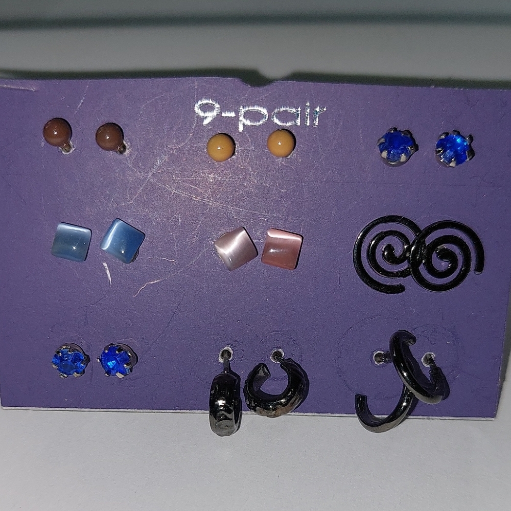 9-Pair Earring Set with Blue and Black Accents